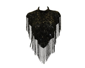 Mantella con nappe di paillettes: scialle poncho con perline boho
