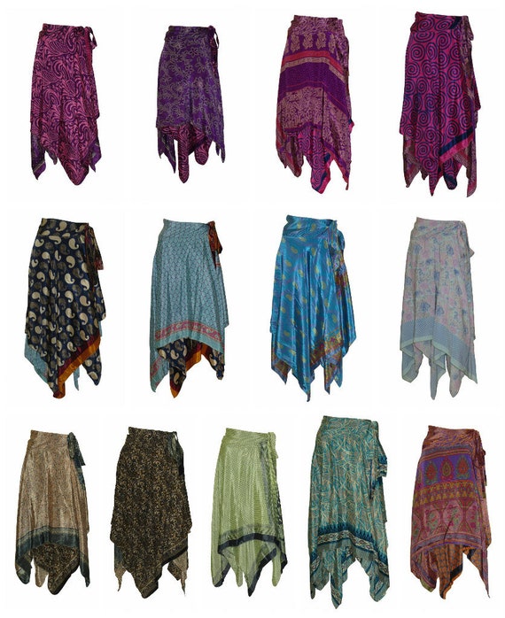 Upcycled Wrap- around Skirt Reversible Vintage Patchwork handkerchief Hem Boho Midi Free Size up to size 18 P55-P63