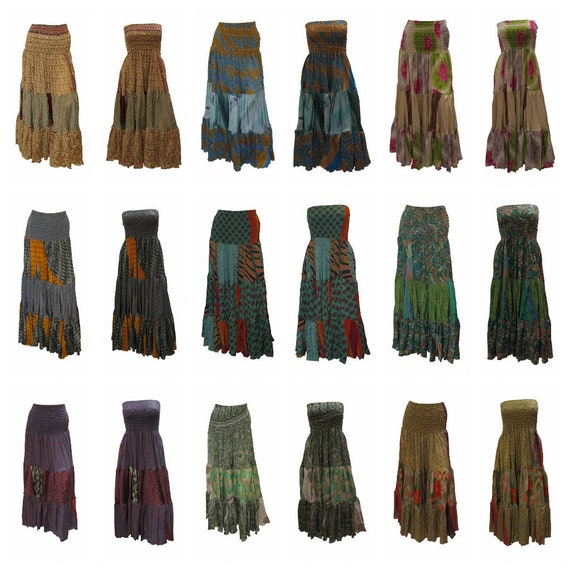 Upcycled 2in1 Skirt and Dress Retro Shirred Festival Boho Tiered Flowy Maxi Free Size Up To 20 P59-65