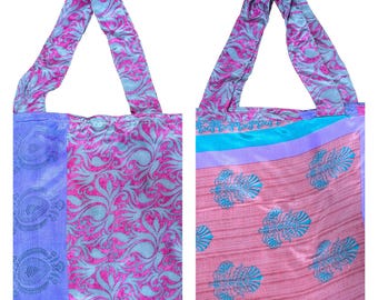 Recycled Reusable Reversible Sari Boho Lightweight Abstract Print Beach Tote Shoulder Bag P68