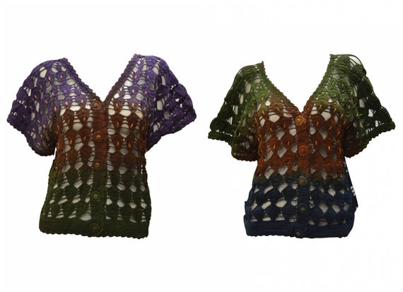 Womens Upcycled Crochet Cardigan Tie dye Knit Button Detail Sweater Free Size