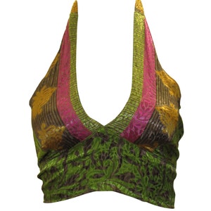 Recycled Reversible Retro Crop Top Boho Festival Halterneck Bralette Jeden rozmiar P6