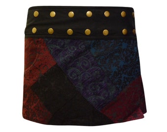 Womens Ladies Upcycled Reversible Damask Patchwork Retro Mini Wrap Around Skirt P14