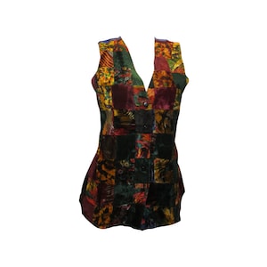 Womens Ladies Recycled vintage style velvet Waistcoat Patchwork Abstract Pattern Vest up to size 12 P14