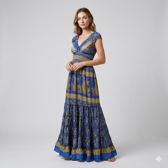 size 18 boho dress Recycled Sari Maxi Dress: Boho V-Neck Ruffle Hem