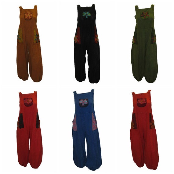 Recycled Funky Dungarees 100% Cotton Hippie Festival Patchwork Overalls Free Size Up To 16