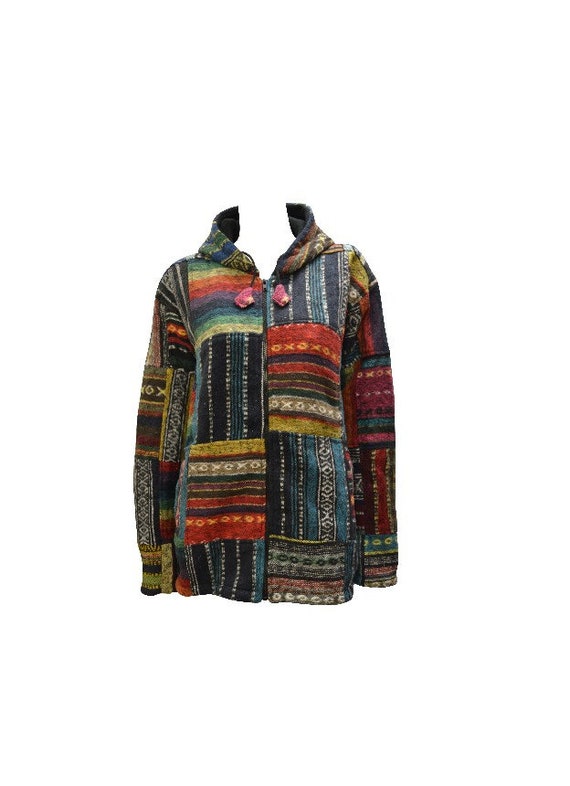 Bohemian 100% Cotton Jacket Unisex Hippie Fleece Lined Hood Warm Coat Multi S/M L/XL XXL