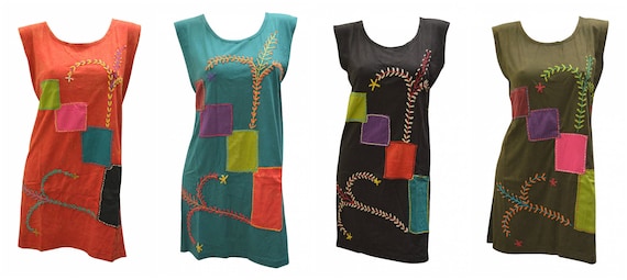100% Cotton Recycled Tank Dress Boho Embroidered Upcycled Patch Hippie Vest Top Size M, L, XL