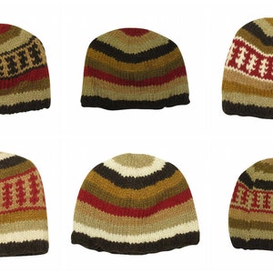 May include: Six knitted wool hats in various color combinations of brown, beige, red, and black. The hats have a striped pattern and a simple design.