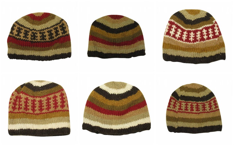 May include: Six knitted wool hats in various color combinations of brown, beige, red, and black. The hats have a striped pattern and a simple design.