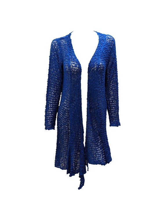 Handgemachte Boho Häkelstrickjacke: Royalblaue Longline-Jacke