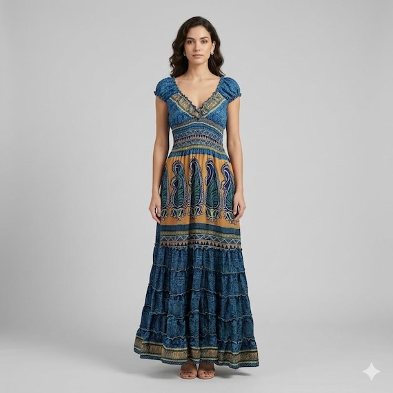 Recycled Sari Maxi Dress: Boho V-neck Ruffle Hem - up to Size 18