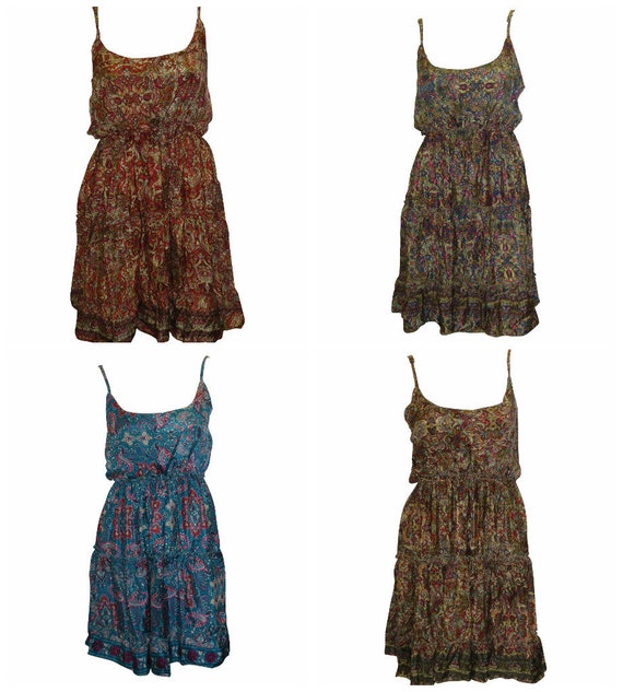 Recycled Spaghetti Strap Elasticated Waist Retro Ruffle Mini Dress Free Size Up To 18