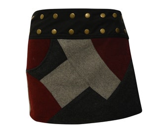 Womens Ladies 100% Upcycled Wool Reversible Block Patchwork Retro Mini Wrap Around Skirt P19