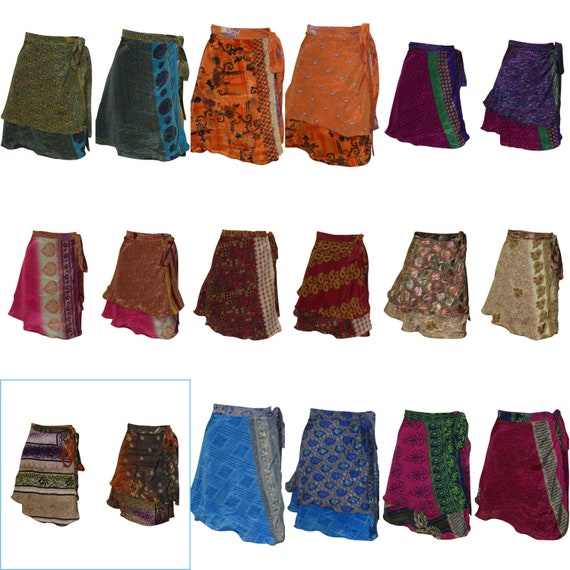 Upcycled Retro Reversible Skirt Boho Vintage Sari Layered Knot Miniskirt Free Size Up To 18 P49-58