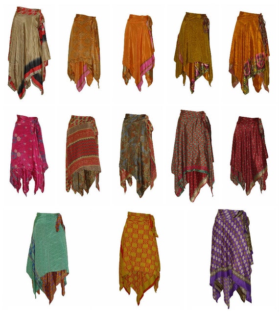 Upcycled Wrap- around Skirt Reversible Vintage Patchwork handkerchief Hem Boho Midi Free Size up to size 18 P91-P99