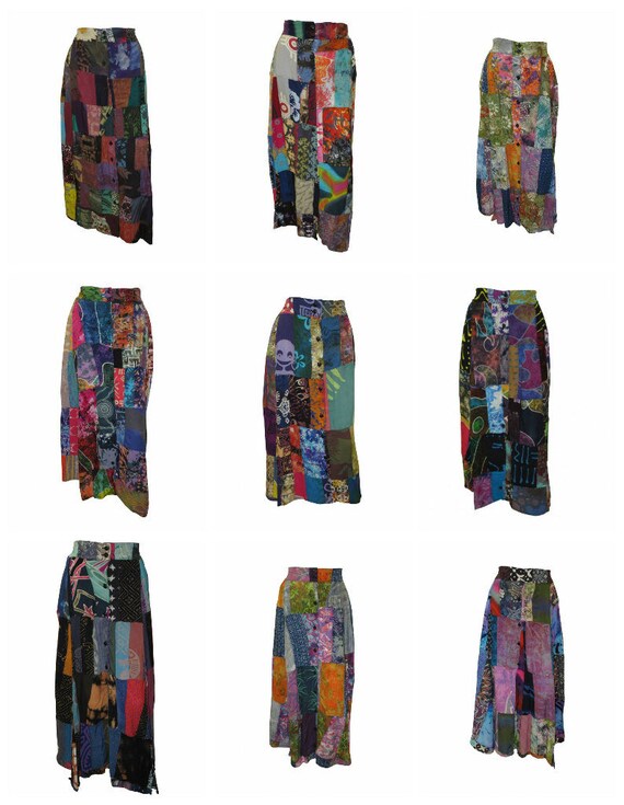 Boho Upcycled Patchwork Skirt A-line Retro Button Up Slit Hem Midi 8-12 P1-P9