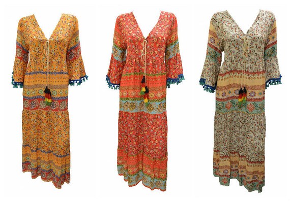 Bohemian Paisley Shift Dress Bell Sleeve Tassel Maxi Free Size Up to 16