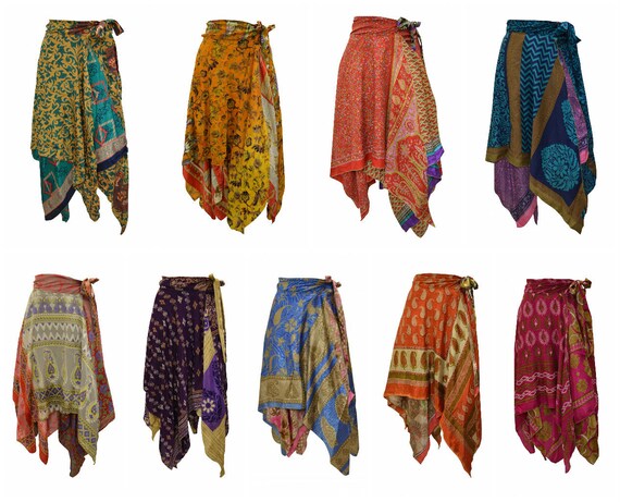 Upcycled Wrap- around Skirt Reversible Vintage Patchwork handkerchief Hem Boho Midi Free Size up to size 18 P260- P268