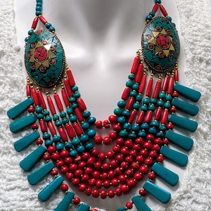 Bohemian Tiered Wooden Bead Necklace: Red & Turquoise Tribal Jewelry