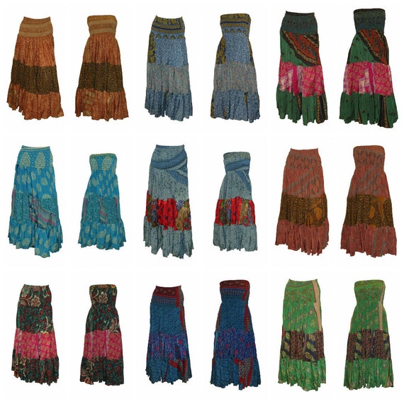 Recycled 2in1 Skirt and Dress Retro Shirred Festival Boho Tiered Flowy Maxi Free Size Up To 20 P1-P9