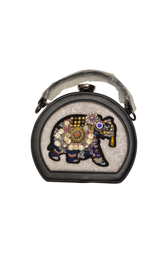 Statement Faux Leather Mini Elephant Embroidery Hippie Metallic detachable Straps Clutch Bag Silver