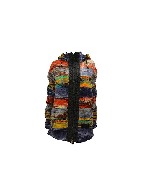 Handmade 100% Wool Cardigan Chunky Knit Unisex Jacket Boho Fleece Lining warm Hoodie Multi S/M