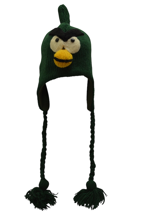 Handmade knit 100% wool unisex adults winter Nepal bird Character hat fleece lining one size 02B4