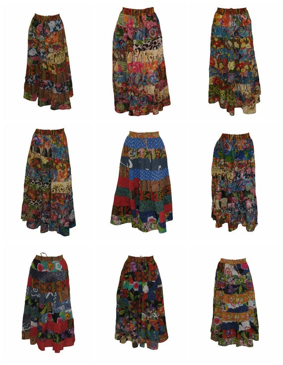 Upcycled Rockabilly Skirt Full Floral Mix tier Patchwork Skirt Multi Free Size up to 18 P20-P28