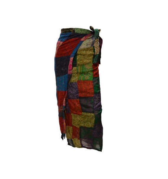 Boho hippie vintage style up-cycled reversible abstract patchwork maxi wrap skirt free size up to size 18 p261