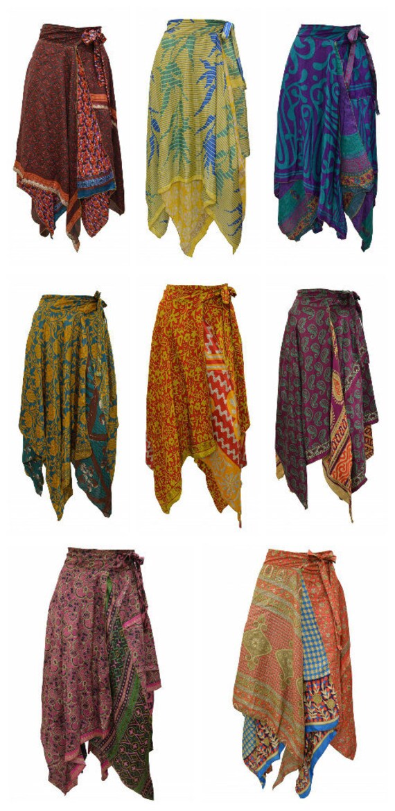 Upcycled Wrap- around Skirt Reversible Vintage Patchwork handkerchief Hem Boho Midi Free Size up to size 18 P252- P259