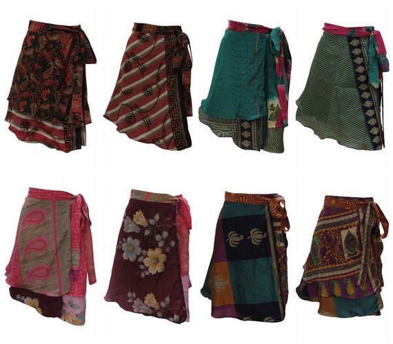 Upcycled Retro Reversible Skirt Boho Vintage Sari Layered Knot Miniskirt Free Size Up To 18 P46-P49