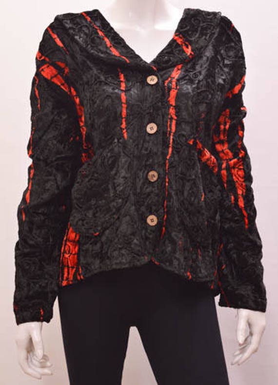 Plus Size Gothic Hippie Boho Tie Dye Striped Velvet Jacket - BLACK RED
