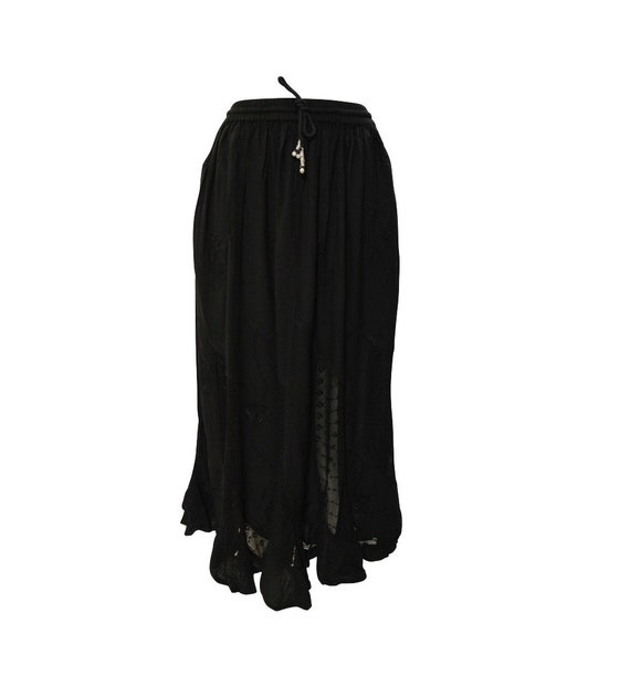 Womens Ladies Boho Gypsy Tone to Tone Embroidered Scalloped Sheer Hem Patchwork Maxi Skirt Freesize Up To 18