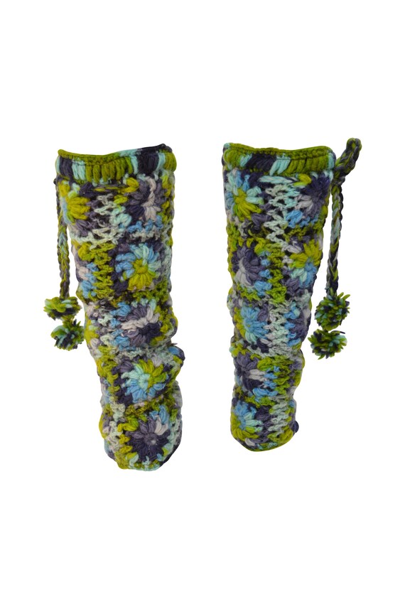 Winter Hand Knit Crochet 100% Wool Chunky Floral Tassel Leg Warmers Cosy Warm Fleece Lined Blue/ Green