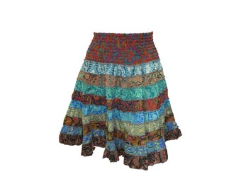 Recycled Womens Boho  Patchwork Abstract Silky Elasticated Waist Mini Skirt Up to 16 P10