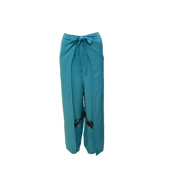 Womens Ladies Overlay Wrap around Embroidered Retro print Wide Leg Trousers Sarong Pants Freesize 10 Up To 18 Turquoise