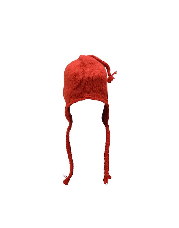 Handmade Knit 100% Wool Unisex Bobble Short Tassel Boho Warm Fleece Lined Winter Hat Red