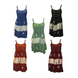 Womens Retro Bohemian Tie Dye Half Button Crinkle Rayon Flowy Beach Summer Sun Top Dress S/M M/L