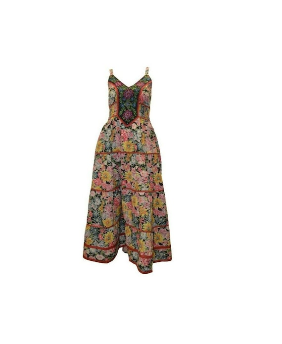 Cotton boho hippie sleeveless floral vintage style embroidered panelled maxi dress free size up to size 14 P12
