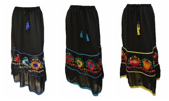 Womens Ladies Boho Skirt Embroidered Peasant Floral Maxi Lace Trim Free Size 10 to 18