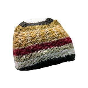 May include: A striped knit beanie hat in shades of brown, white, red, and black.