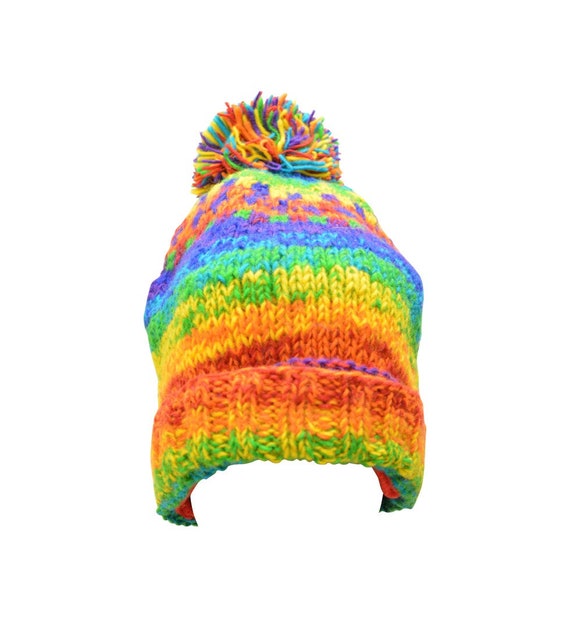 Handmade knit 100% Wool Slouchy Beanie Pompom Hat Warm Winter Fleece lined Skull Cap Rainbow