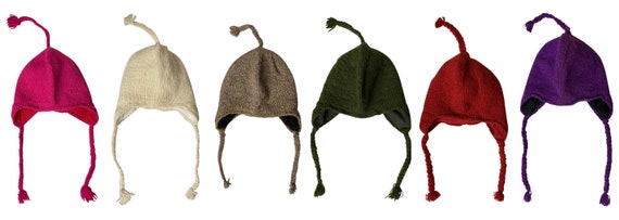 Handmade knit 100% wool Hat Unisex Adults Bobble Tassel Plain hippie warm fleece lined Winter Cap