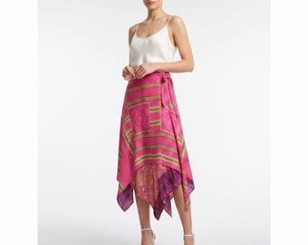 Reversible Sari Wrap Skirt: Vintage Patchwork Handkerchief Hem, Up to Size 18