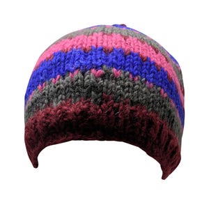 Hand Knit Wool Beanie: Striped Fleece-Lined Winter Hat - P13