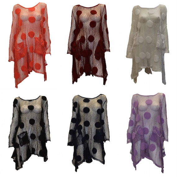 Boho Hippie Lagenlook Dress Vintage Style Long Sleeve Crochet Knit Dot Shrug Cover up free size up to size 24