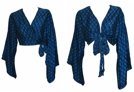Recycled Retro Crop Top Bell Sleeves Boho Front Knot Wrap Blouse Free Size Up to 16 P30