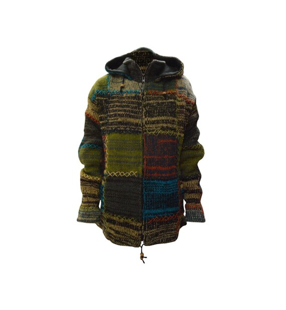 Handmade 100% Wool Chunky Knit Unisex Cardigan Jacket Boho Fleece Lining warm Hoodie Grey Multi