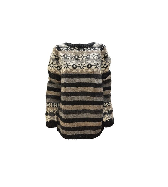 Handmade 100% Wool Chunky Knit Bohemian Print Sweater Long Bell Sleeves Cosy Winter Pullover Black/ Grey S/M L/XL